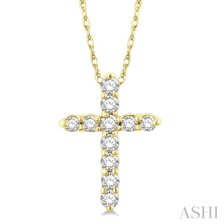 1/10 Ctw Round Cut Diamond Cross Pendant in 14K Yellow Gold with Chain