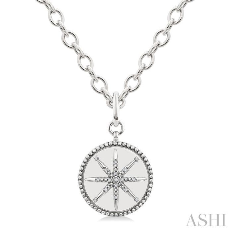 1/20 Ctw Compass medallion Round Cut Diamond Pendant With Chain in Sterling Silver