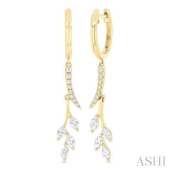 1/2 Ctw Marquise and Round Cut Diamond Leaf Dangler Hoop Earrings in 14K Yellow Gold