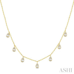 1/3 Ctw Pear Shaped Danglers Fusion Baguette and Round Cut Diamond Station Necklace in 10K Yellow Gold