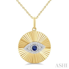 2.5 MM Round Shape Sapphire and 1/8 Ctw Fluted Evil Eye Round Cut Diamond Precious Fashion Pendant With Chain in 14K Yellow and White Gold