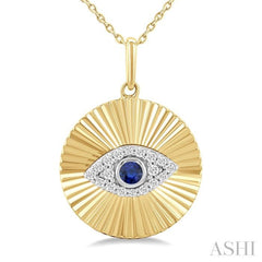 2.5 MM Round Shape Sapphire and 1/8 Ctw Fluted Evil Eye Round Cut Diamond Precious Fashion Pendant With Chain in 14K Yellow and White Gold