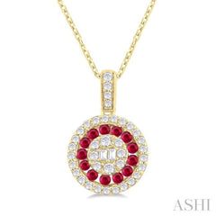 1.35 MM Round Shape Ruby and 1/4 Ctw Baguette and Round Cut Diamond Precious Pendant With Chain in 14K Yellow Gold
