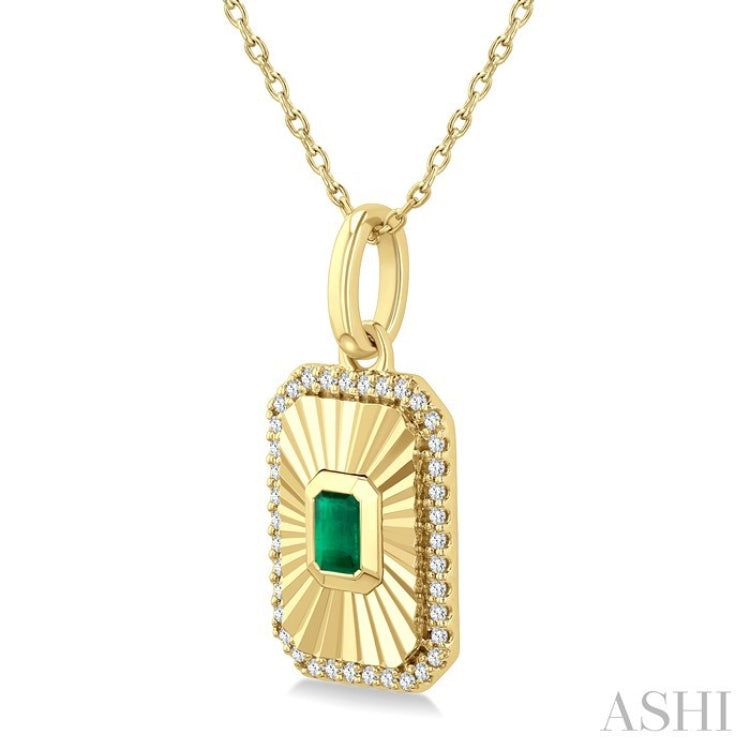 4X3 MM Octagon Shape Emerald and 1/8 Ctw Round Cut Diamond Pirouette Precious Fluted Medallion Pendant in 10K Yellow Gold with Chain