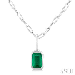 6x4 MM Bezel Set Emerald Cut Precious Fashion Pendant With Paperclip Chain in 14K White Gold