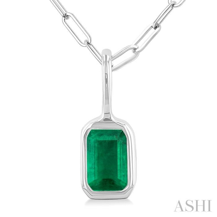 6x4 MM Bezel Set Emerald Cut Precious Fashion Pendant With Paperclip Chain in 14K White Gold