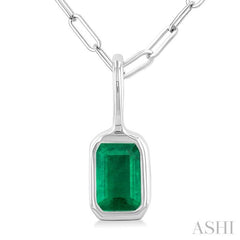 6x4 MM Bezel Set Emerald Cut Precious Fashion Pendant With Paperclip Chain in 14K White Gold