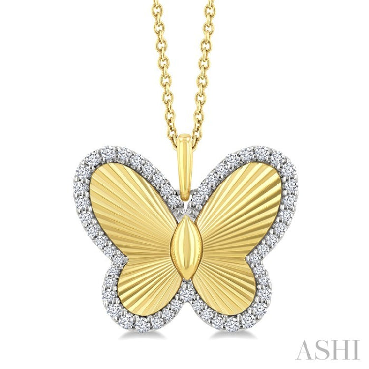 1/4 Ctw Fluted Texture Butterfly Round Cut Diamond Pirouette Fashion Pendant With Chain in 10K Yellow and White Gold