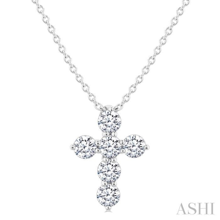 1/3 Ctw Round Cut Diamond Christian Cross 6-Stone Fashion Pendant With Chain in 14K White Gold