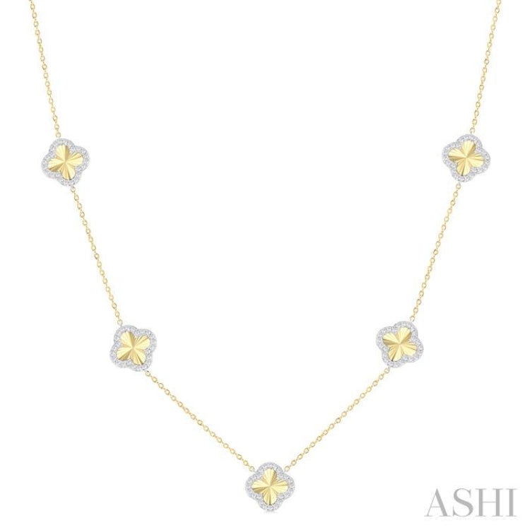 1/2 Ctw Fluted Clover Round Cut Diamond Pirouette Station Necklace in 14K Yellow and White Gold