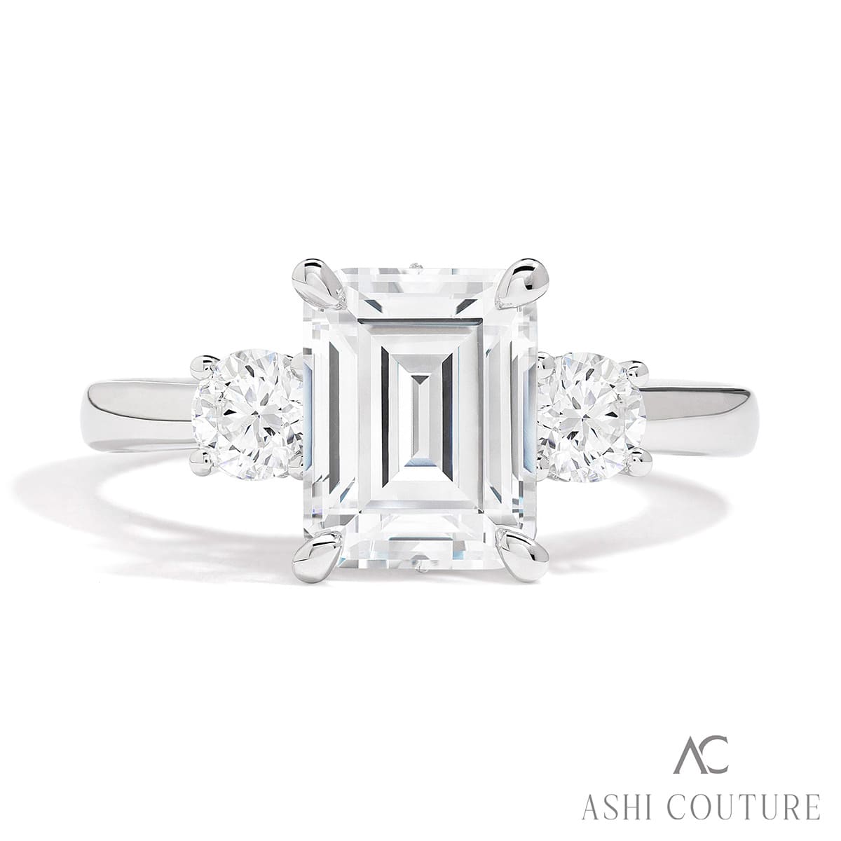 Couture Round Three-Stone Semi-Mount Engagement Ring With Round Side Diamonds (center not included)