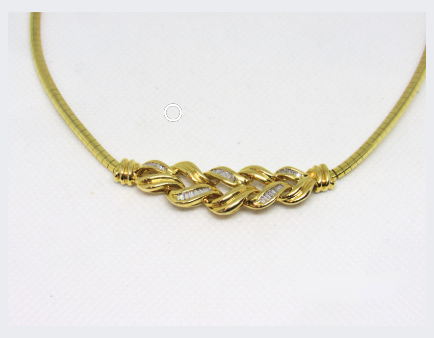 YG FANCY OMEGA CHAIN WITH BRAIDED LOOK IN CENTER WITH BAGUETTES
