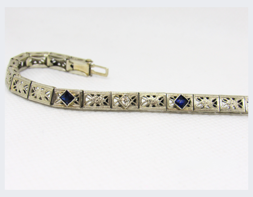 14K White Gold Filigree Bracelet with Diamond and Sapphire
