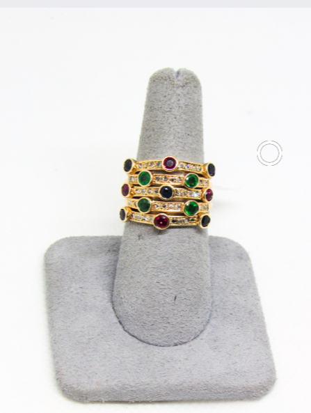 14K MULTIBAND RING WITH DIAMONDS, SAPPHIRE, RUBY, AND EMERALDS